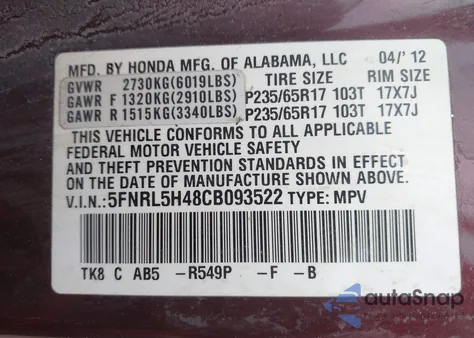 2012 Honda Odyssey Ex z USA, uszkodzony, nr VIN 5FNRL5H48CB093522